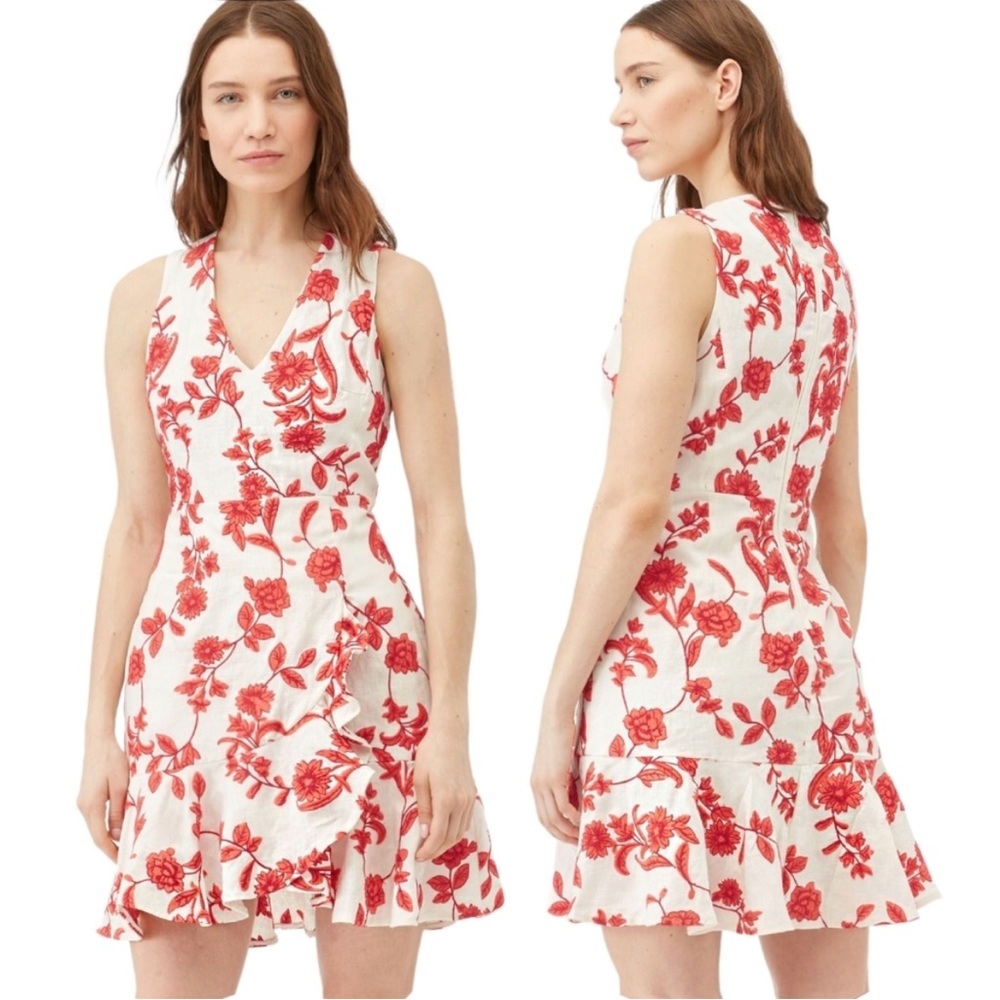 Rebecca Taylor Scarlett Floral Embellished Sleeveless Wrap Linen Dress Sz 6 - Picture 2 of 12